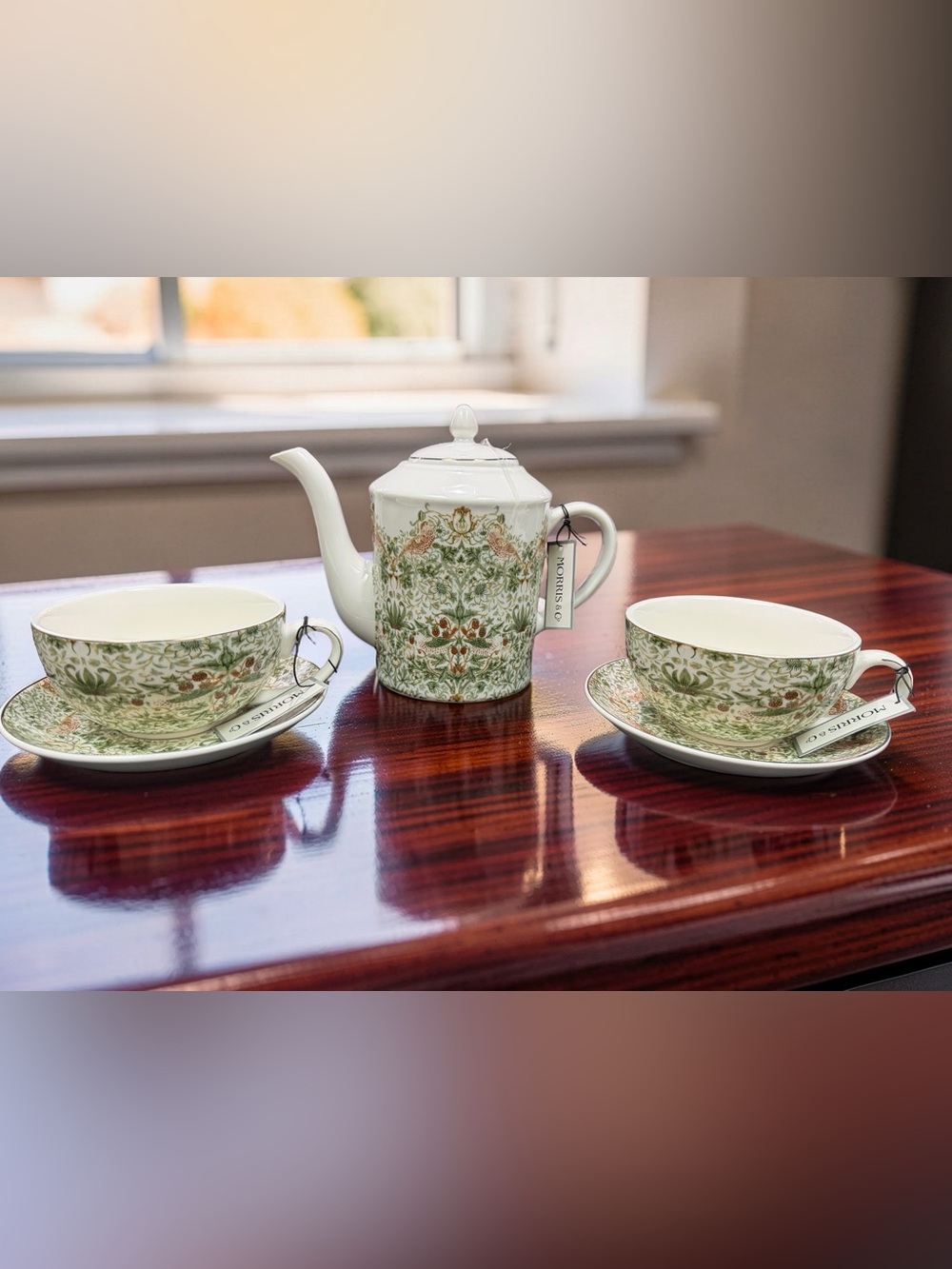 Morris & Co. NWT Strawberry Thief Green Floral PorcelainTea Set 2 Cups & Teapot